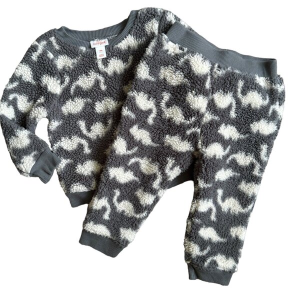 Cat & Jack Baby Sherpa Fleece Sweatshirt & Joggers Set 18M Grey White Dino Print - Picture 1 of 2